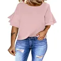 luvamia Women's Casual 3/4 Tiered Bell Sleeve Crewneck Loose Tops Blouses Shirt Pink Size L