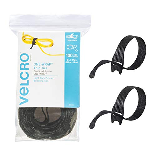 VELCRO Brand ONE-WRAP Cable Management, Thin Self-Gripping Cable Ties, Reusable, Light Duty, 8 x 1/2Inch Ties, Black, 100ct