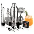 Cocktail Shaker Set With Stand- 12 Piece Stainless Steel Bar Tool Set With 18oz Martini Shaker, Jigger, Bar Spoon, and Muddler- Perfect Bartending Kit With Bar Accessories For Beginners - Cresimo