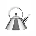 Alessi Kettle in 18/10 Stainless Steel Mirror Polished with Handle and Small Bird-Shaped Whistle in Pa, White