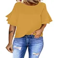 luvamia Women's Casual 3/4 Tiered Bell Sleeve Crewneck Loose Tops Blouses Shirt Yellow Size L