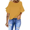 luvamia Women's Casual 3/4 Tiered Bell Sleeve Crewneck Loose Tops Blouses Shirt Yellow Size L