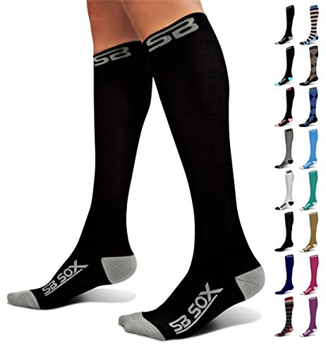 SB SOX Compression Socks for Men & Women (20-30mmHg) – Best Compression Socks for Flying, Medical, Sports, Wide Calf Fit, and Daily Wear (Black/Gray, Large)