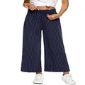 LNX Womens Linen Pants High Waisted Wide Leg Drawstring Casual Loose Trousers with Pockets (Small, Striped-Navy)