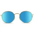 WearMe Pro - Reflective Lens Round Trendy Sunglasses, Gold Frame / Blue Mirrored Lens, One Size