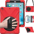 BRAECN iPad Air Shockproof Case [Heavy Duty] Full-Body Rugged Protective Case with 360 Degree Swivel Kickstand/Hand Strap/Shoulder Strap for iPad Air A1474 A1745 A1476 Case(Red)