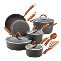 Rachael Ray Cucina Hard-Anodized Aluminum Nonstick Pots and Pans Cookware Set, 12-Piece, Gray, Pumpkin Orange Handles