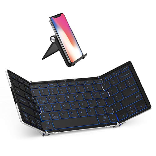 iClever BK05 Bluetooth Keyboard with 3-Color Backlight, Bluetooth 5.1 Multi-Device Foldable Keyboard with Aluminum Alloy Base for iOS Windows Android Tablets, Smartphones, Laptops, PC and More