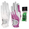 Zero Friction Ladies Compression-Fit Synthetic Golf Glove (2 Pack with Free Pack of tees), Universal Fit One Size, White/Lavender