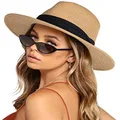 Womens Wide Brim Straw Panama Hat Fedora Summer Beach Sun Hat UPF50