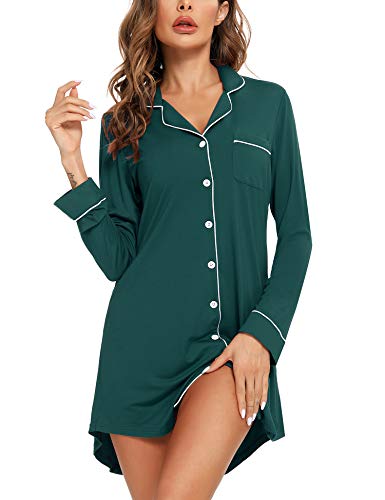 Women's Nightshirt Long Sleeve Button Down Nightgown Sleepwear Pajama Dress Green Small