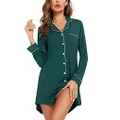 Women's Nightshirt Long Sleeve Button Down Nightgown Sleepwear Pajama Dress Green Small