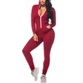 CoolooC Women's Hoodie Long Sleeve Zipper Pockets Bodycon Romper Jumpsuits (Small, Red)