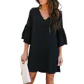 BELONGSCI Women's Dress Sweet & Cute V-Neck Bell Sleeve Shift Dress Mini Dress Black