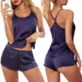 Ekouaer Sleepwear Womens Sexy Lingerie Satin Pajamas Cami Shorts Set Nightwear Purple