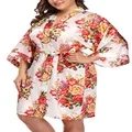 Plus Size Floral Satin Robe for Bridal Shower Party Wedding Dressing Gown Short White