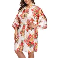 Plus Size Floral Satin Robe for Bridal Shower Party Wedding Dressing Gown Short White