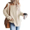 MaQiYa Womens Cold Shoulder Oversized Sweaters Batwing Long Sleeve Chunky Knitted Winter Tunic Tops (Beige, Small)