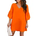 BELONGSCI Women's Dress Sweet & Cute V-Neck Bell Sleeve Shift Dress Mini Dress Orange