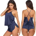 Ekouaer Sleepwear Womens Sexy Pajamas Set Silk Lingerie 2 Piece Satin Cami Shorts Set PJS Wife Gift Navy Blue