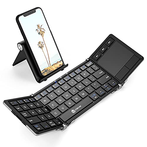 iClever Foldable Keyboard, BK08 Foldable Bluetooth Keyboard with Touchpad, Aluminum Build, USB-C Charge, Equipped with Stand Holder and Carrying Bag, Portable for Laptop, iPad, iPhone, Silver