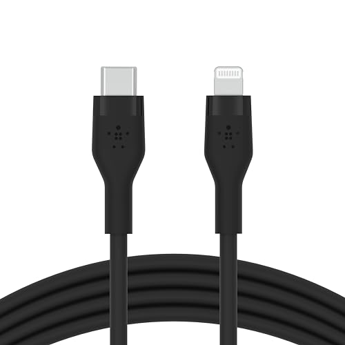 Belkin BOOST CHARGE↑Flex CAA009bt1MBK USB-C to Lightning Silicone Cable, Compatible with iPhone 13/12 / SE / 11 / XR, Rapid Charging, Heavy Duty, MFi Certified, PD Compatible, 3.3 ft (1 m), Black