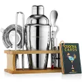 Mixology Bartender Kit - 8-Piece Cocktail Shaker Set with Wood Stand, Recipe Cards, and Bar Accessories Ideas (Silver)