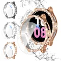 【3+3Pack】 Bling Diamond Case for Galaxy Watch 5 Screen Protector 40mm,Anti-Fog Tempered Glass Protective Film and Hard PC Cover Bumper,Samsung Watch 5 Smartwatch Accessories for Women