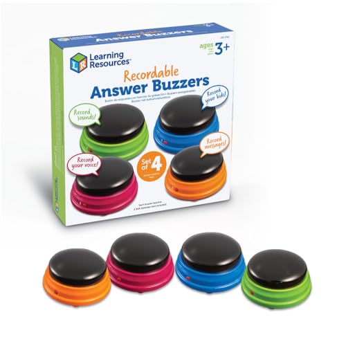 Learning Resources Recordable Answer Buzzers, Personalized Sound Buzzer, Recordable Buttons, Perfect for Game Nights, Set of 4, Ages 3+