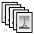 upsimples 12x16 Picture Frame Set of 5, Display Pictures 8.5x11 with Mat or 12x16 Without Mat, Wall Gallery Photo Frames, Black