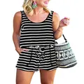 REORIA Womens Casual Summer One Piece Sleeveless Tank Top Striped Playsuits Yoga Short Jumpsuit Beach Rompers Black+White Small