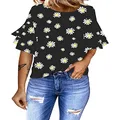 luvamia Women's Casual 3/4 Tiered Bell Sleeve Crewneck Loose Tops Blouses Shirt Daisy Floral Black Size XXL