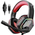 EKSA Gaming Headset with 7.1 Surround Sound Stereo, PS4 USB Headphones with Noise Canceling Mic & RGB Light, Compatible with PC, PS4 Console, Laptop (Red)