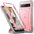 Poetic Revolution Series Case for Google Pixel 6A 5G, Built-in Screen Protector Work with Fingerprint ID, Full Body Rugged Shockproof Protective Cover Case with Kickstand, Light Pink