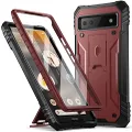 Poetic Revolution Series Case for Google Pixel 6A 5G, Built-in Screen Protector Work with Fingerprint ID, Full Body Rugged Shockproof Protective Cover Case with Kickstand, Maroon Red
