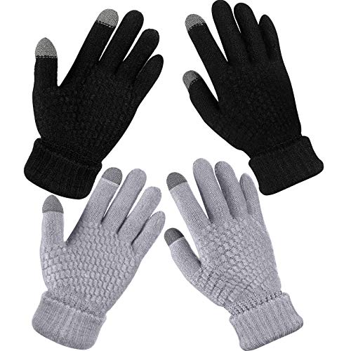 2 Pairs Women's Winter Touch Screen Gloves Warm Fleece Lined Knit Gloves Elastic Cuff Winter Texting Gloves (Black, Gray)
