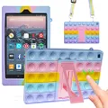 iZi Way Pop It Tablet Case for Amazon Fire HD 10 10.1" Kids (9th & 7th Generation, 2019 / 2017 Release) , Fidget Toy Popit Poppet Push Bubble Wrap Cute Silicone Cover Stand Lanyard - Rainbow