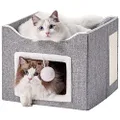 BEDELITE Cat Cube Cat Houses - Large Cat Bed for Pet Cat House with Scratch Pad and Fluffy Ball Hanging, Cat Hidewawy Foldable,15.4×15.4×12.6 inches(Grey)