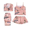 LYANER Women's Pajamas Set 4 pcs Satin Silk Cami Top Button Down Loungewear Pjs Set Pink Medium