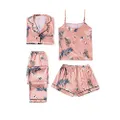LYANER Women's Pajamas Set 4 pcs Satin Silk Cami Top Button Down Loungewear Pjs Set Pink Medium