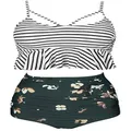 COCOSHIP Black White Striped & Bloom Floral Falbala High Waist Bikini Set Crisscross Hollow Out Swimsuit Travel Swimwear XXXL