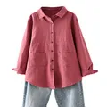 Minibee Women's Linen Shirts Button Down Long Tunic Tops Plus Size Blouse with Pockets Red 2XL