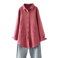 Minibee Women's Linen Shirts Button Down Long Tunic Tops Plus Size Blouse with Pockets Red 2XL