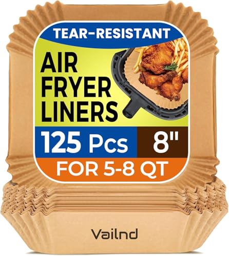 Air Fryer Paper Liners, 125Pcs Parchment Liner for Microwave and Air Fryer Basket - Square, Bleach-Free (8IN)
