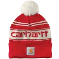 Carhartt Men's Knit pom Cuffed Logo Beanie, Red/Winter White, One Size
