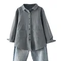 Minibee Women's Linen Shirts Button Down Long Tunic Tops Plus Size Blouse with Pockets Grey 2XL