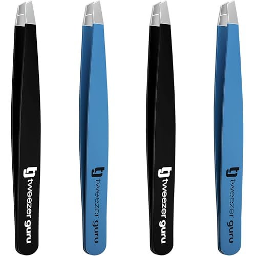 Tweezers Set - Tweezer Guru Stainless Steel Slant Tip Eyebrow Tweezers Set - Great Precision for Facial Hair, Ingrown Hair, Blackhead and Splinter Remover (4-Pack)