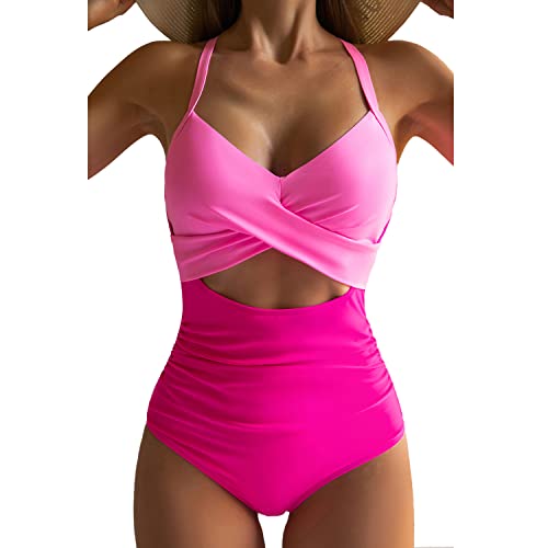 Eomenie Women's One Piece Swimsuit Wrap Cutout Tummy Control High Waisted Back Tie Knot Bathing Suit, Pink Color Block, Large