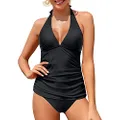 Holipick Women Two Piece Swimsuit Deep V Neck Halter Ruched Tankini Sets Black L