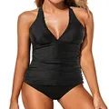 Holipick Two Piece Tankini Bathing Suit for Women Tummy Control Swimsuits Ruffle Halter Tankini Tops with Bikini Bottoms, Black, Small